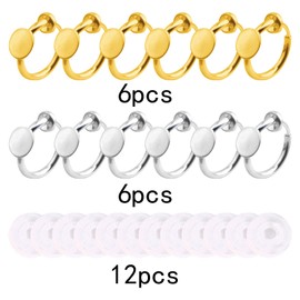 12pcs 2 Colors Clip-on Earring Converters Brass Earring Clips Components with 6 mm Flat Round Pad and 12pcs Clear Earring Cushions for Non-Pierced Ears DIY Jewelry Making Supplies