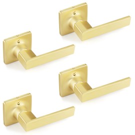 Brushed Gold Dummy Door Handles 4 Pack, Brass Door Knobs for Closet/French Doors, Push Pull Door Lever Set, Single Side, Common for Left/Right Sided Doors