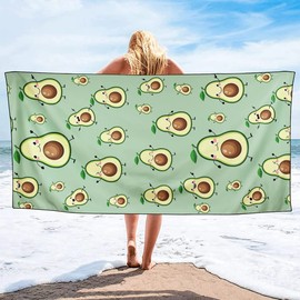 Violetpos Quick Drying and Lightweight Beach Towels, Beach Towel, Large, 90 x 180 cm, Quick-Drying Microfibre, Printed with Funny Fruit, Avocado, Green