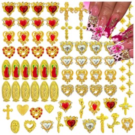 136PCS Gold Nail Charms and Gems,Heart,Cross,Rose,Starburst,Virgin Mary Charms for Nails Design,3D Alloy Y2k Nail Jewels Bulk Red and Clear Rhinestones Nail Art Decor Set