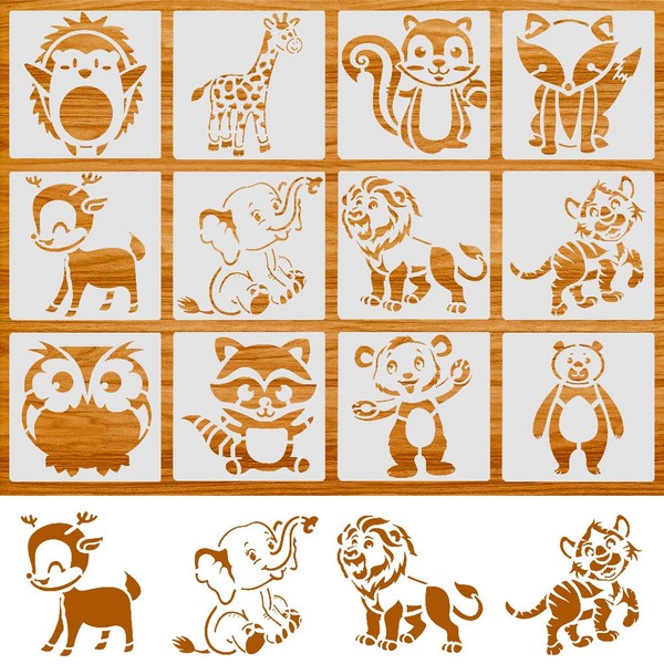 nuoshen Pack of 12 Animal Stencils, 13 x 13 cm Painting Stencils Animals Stencils for Painting, Plastic Drawing Stencils Set, Washable for DIY Crafts (White)