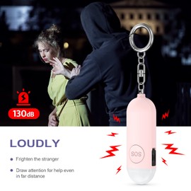 OQIMAX Taschenalarm, Persönlicher Alarm mit Stroboskop LED Blitzlicht-Signal, 130dB Sirene, USB Wiederaufladbarer Alarm Schlüsselanhänger, Schrillalarm für Frauen/Kinder/Senioren - Rosa