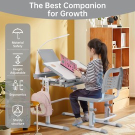 Real Relax Height Adjustable Desk and Chair, Childs School Student Sturdy Table Grey