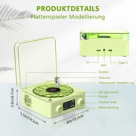 The Waves Vinyl Player, Vinyl Record Player with Water Rib Light, 360° Stereo Record Player with 3 Adjustable Light Modes and 4 Natural Sound Modes, Compatible with Bluetooth, TF and AUX (Green)