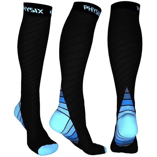 Physix Gear Sport - Calcetines de compresión unisex de 20 a 30 mmHg, ajuste atlético (1 par), Negro/Azul, XXL