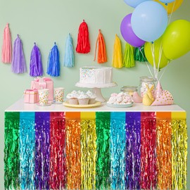 Bouiexye 2 Pack 29.5x108 Inch Foil Tinsel Fringe Table Skirts, Disposable Table Skirts for Rectangle Tables Curtains Backdrop Parade Wedding Floats Baby Shower Party (Rainbow Colors)