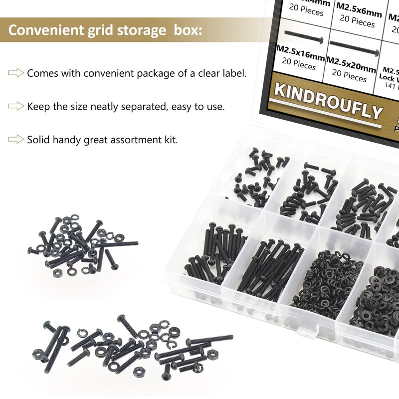 Kindroufly 562 Pieces Black M2.5 x 4/6 /8/10 /12/16 /20mm
