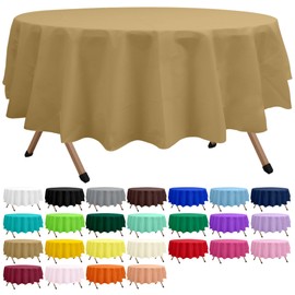 dinexlence 2 Pack Gold Premium Plastic Tablecloth Round 84 Inches Reusable Shinning Harvest Gold Decorative Table Cover for Dining, Wedding, Party, Indoor and Outdoor use