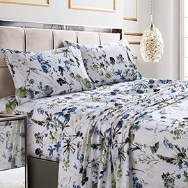 Tribeca Living Twin Bed Sheet Set, 300 Thread Count Soft Cotton Sateen, Floral Print with Extra Deep Pockets, 3-Piece Bedding Set, Amalfi Blue/Multicolor