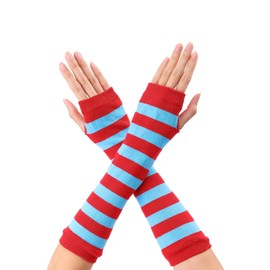 Allegra K Women's Fingerless Gloves Printed Elbow Length Knitted Arm Warmers One Size Blue Red