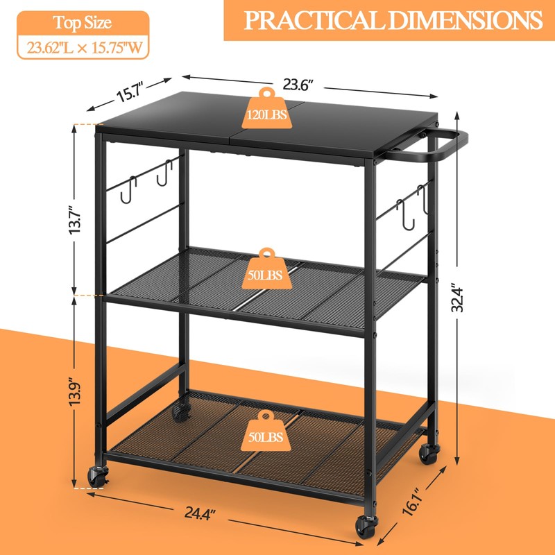 DAOUTIME Grill Cart for Outside, 3-Tier BBQ Food Prep Rolling