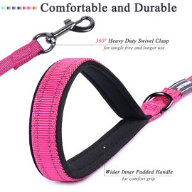 VIVAGLORY Traffic Handle Dog Leash, Two Padded Soft Handles Dog Leash, Strong Reflective & Metal Hook Training Dog Lead, Pink