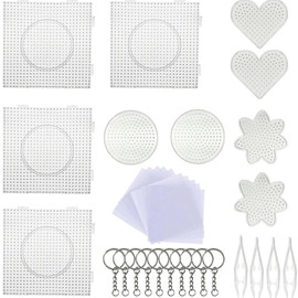 Allazone 5 mm 10 Pack Fuse Beads Boards, Large Round Square Clear Plastic Pegboards with 6 PCS White Beads Tweezers, 10 PCS Ironing Paper and Keychain for Kids Craft Supplies