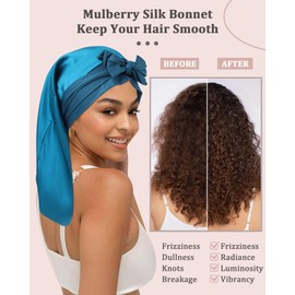 AWAYTR 100% Mulberry Silk Bonnet - Long Hair Cap for Sleeping Tie Band Bonnet for Braids Curly Hair (Peacock Blue)