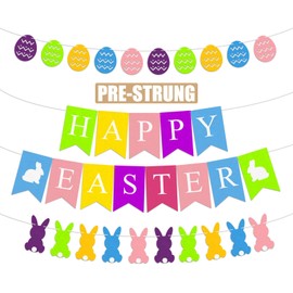 Happy Easter Banner Decorations, Fufuddz Felt Eggs Bunny Garland with Pom Poms for Home Mantle Farmhouse Indoor Outdoor Spring Decor Party Supplies Funny Birthday Sign Gifts for Kids Women[4Pcs]