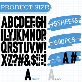 15 Sheets 690Pcs Iron on Letters 2 Inch Vinyl Iron on Letters for Clothing Heat Transfer Letters with A-Z PU Alphabets Stickers Heat Press Letters for T-shirts Jerseys Hats Printing DIY Crafts (Black)