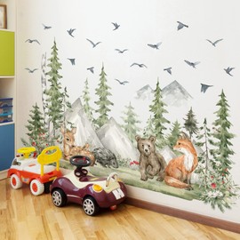 Amaonm 4 Sheet of 12x36 inch Giant Mountain Forest Tree Wall Decal Woodland Deer Bear Fox Birds Wall Stickers 3D DIY Peel and Stick Jungle Wild Animal Pine Wall Decor for Kids Boys Bedroom Playroom Living Room Classroom Decoration (Pine)