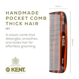 Kent Peine de dientes anchos 12T, peine de bolsillo hecho a mano para cabello grueso, rizado, ondulado, peine de dientes grandes, peine desenredante p