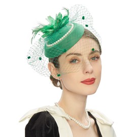 Pillbox Hats 20s 50s Vintage Fascinators for Women with Feather Mesh Veil Headband Bridal Wedding Tea Party (E1-Green)