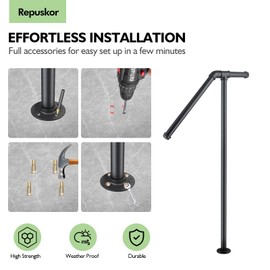 Single Post Handrail for Outdoor Steps - 41" Height Black Powder Coated Steel, DIY Tool Kit Included, Fits 1 or 2 Steps, Easy Installation & Corrosion Resistant