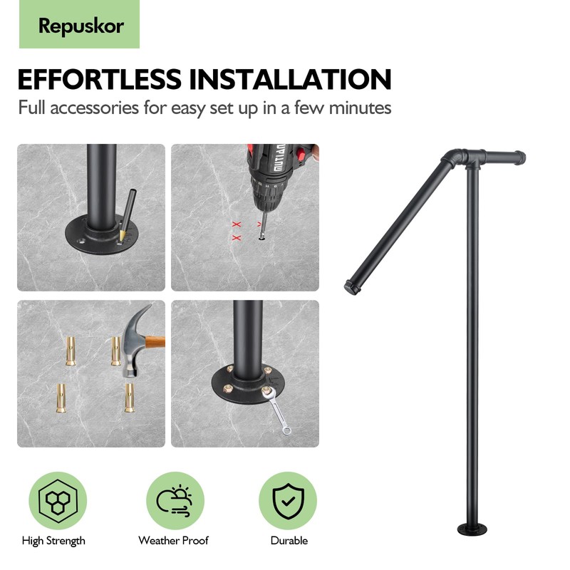 Single Post Handrail for Outdoor Steps - 41" Height Black