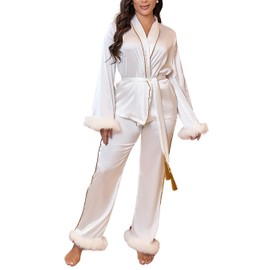 Luxury Satin Pajama Set with Faux Fur Trim, Gold Accents, White, 2-Piece (US, Alpha, Small, Regular, Regular, White)