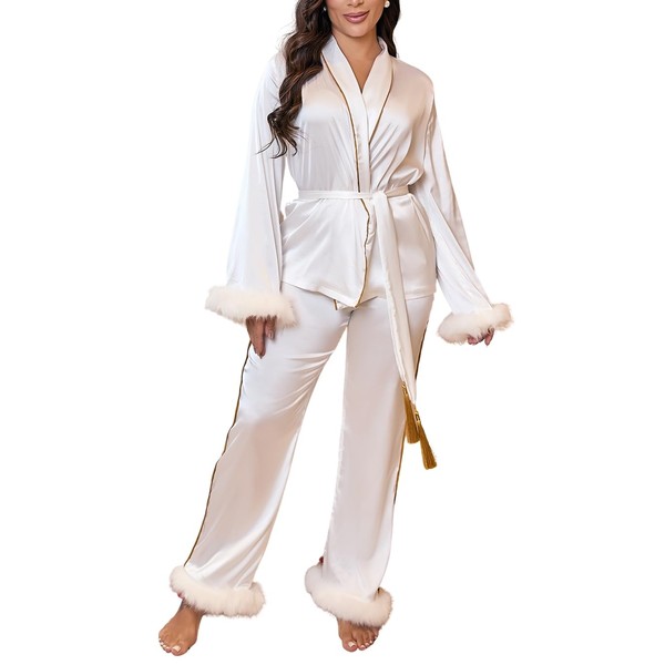 Luxury Satin Pajama Set with Faux Fur Trim, Gold Accents,