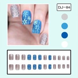 Christmas Press on Nails Short Square Fake Nails With Snowflake Designs Xmas Blue False Nails Silver Glitter Glue on Nails Full Cover Artificial Stick on Nails for Women Winter Nails 24 Pcs