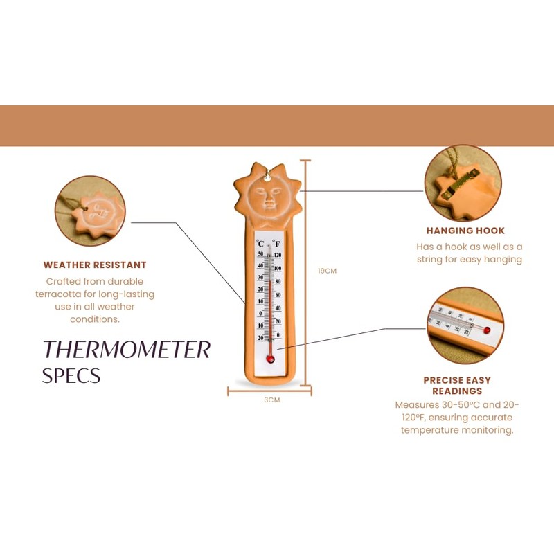 Terracotta Garden Thermometer with Sun Decor - Accurate Temperature Readings,