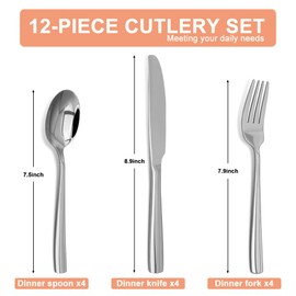 Silverware Set,18/10 Stainless Steel 12Piece Silverware Set with Knives Spoon Forks Set for Home, Kitchen and Restaurant, Mirror Polished& Dishwasher Safe
