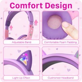 FosPower Kids Headphones with LED Light Up Cat Ears 3.5mm On Ear Audio Headphones for Kids with Laced Tangle Free Cable (Max 85dB) - Baby Pink/Lavender