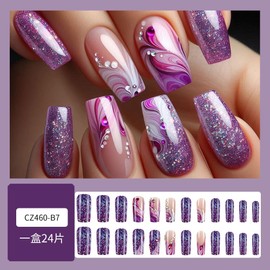 Medium Press on Nails Coffin Purple Fake Nails with Designs Purple French Tip False Nails Cute Gel Acrylic Nails Full Cover Glue on Nails Glitter Diamond Stick on Nails for Women Supply 24Pcs