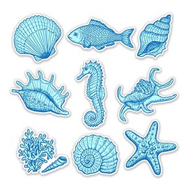 Ocean Elements Set Shell Sea Horse Seastar Fish - 2" Each Vinyl Stickers - for Car Laptop Water Bottle Phone - Waterproof Decals