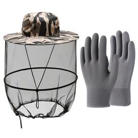 Beekeeper Hat Mosquito Net with Gloves, Grey Camouflage Mosquito Head Net Hat Sun Hat with Removable Mosquito Mask Hat Quick Dry Wide Brim Sun Protection for Outdoor Camping Hiking Gardening
