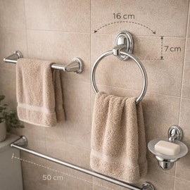 Set de 6 Accesorios de Baño Tury, Acero Inoxidable, Acabado Cromado, Incluye Toallero Barra 50 cm, Argolla, Gancho, Porta Papel, Jabón y Cepillo
