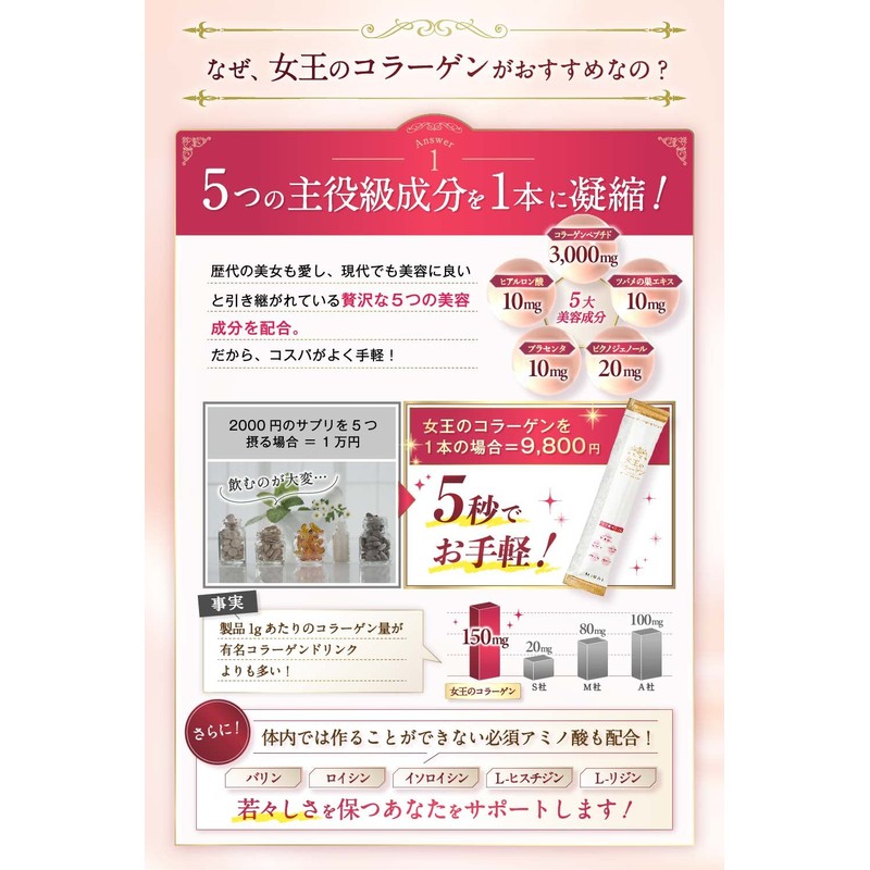 5大成分配合【モンドセレクション7年連続金賞 】女王のコラーゲン（コラーゲン ピクノジェノール ツバメの巣エキス ヒアルロン酸 プラセンタ）グレープフルーツ味 (15本入り)