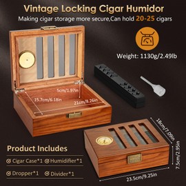 SEMKONT Cigar Humidor, Antique Locking Cedar Wood Desktop Cigar Case, Strip View Window Glass Top Cigar Storage Case,with Humidifier and Hygrometer,Hold 20-25 Cigars