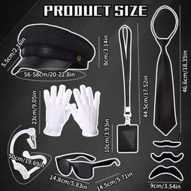 9 Piece Agent Costume Accessory Set, Secret Security Officer with Black Hat, Sunglasses, White Gloves, Tie, Ear Cup, ID, for Teens, Adults, 1920s