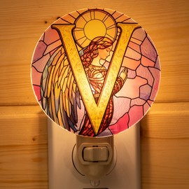 Angel Monogram Night Light – Stained Glass Styled Plug-in Wall Lamp, Victorian Inspired Letter V Design with Manual Switch & Bulb Included – Bedroom, Hallway, Nursery Gift NLA-C026