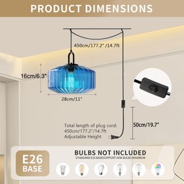 Qufute Plug in Hanging Lamp Blue Glass Shade, Swag Lamp Modern Pendant Hanging Light Plugin with 14.7 ft Cord On/Off Switch, Mid Century Plug in Chandelier Ceiling Fixture for Living Room