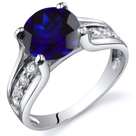 PEORA Created Blue Sapphire Cathedral Solitaire Ring for Women 925 Sterling Silver, 2.75 Carats Round Shape 8mm, Size 9, Blue Rings for Women, September Birthstone Ring