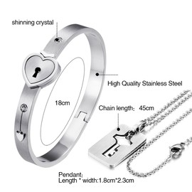 2pcs His and Hers Love Heart Lock Macthing Bangle Bracelet Tag Pendat Necklace for Valentines Day Gifts