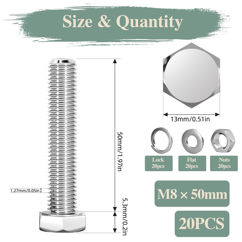 GOHODOMINO M8 x 50 mm (Pack of 20) Structural Screws