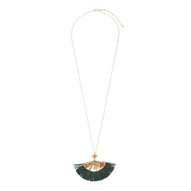 RIAH FASHION Bohemian Genuine Leather & Feather Fringe Tassel Pendant Statement Necklace - Long Chain Real Suede Leaf, Feather Charm (Leather Fan Long Necklace - Green)