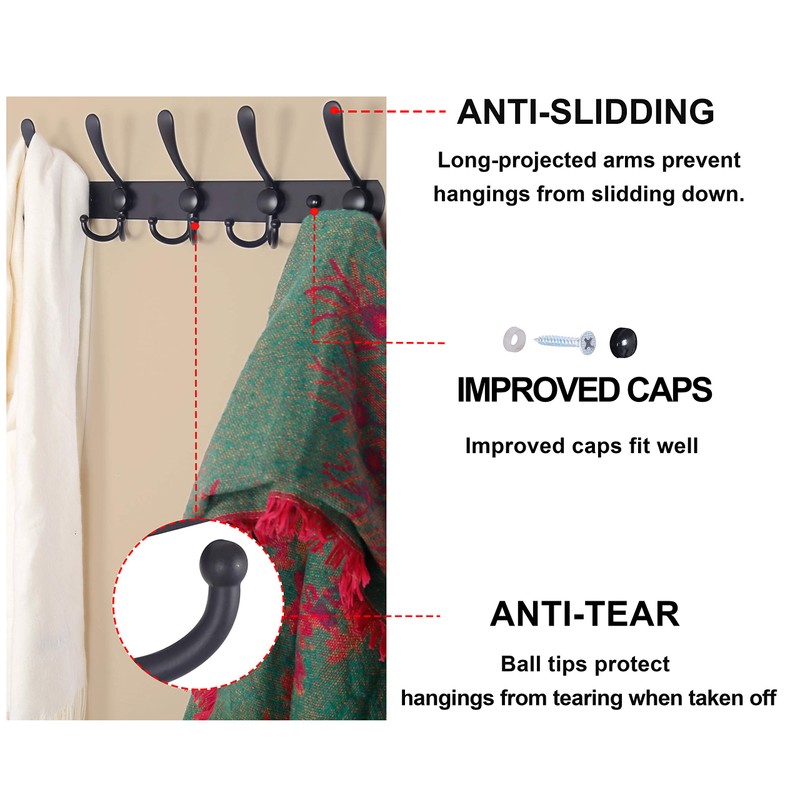Dseap Coat Rack Wall Mounted - 5 Tri Hooks, Heavy