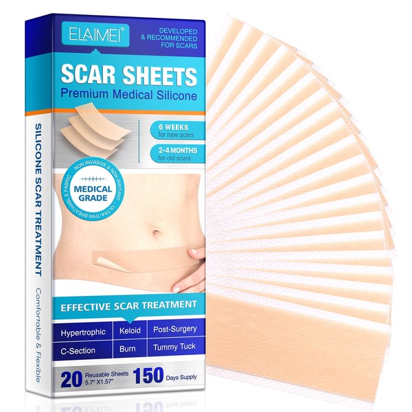 Silicone Scar Removal Sheets, 20PCS 5.7” x 1.57” New Professional Reusable Scar Removal Sheets for Scars Caused by C-Section, Surgery, Burn, Acne, Keloid, and Stretch Marks, Works on Old & New Scars