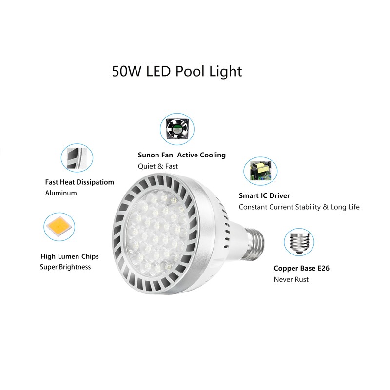 LED Pool Light Bulb120V 50W, Bright Light 5000LM, E26/E27 Base,
