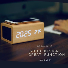 WOOD SHOW Alarm Clock Table Clock, Stylish, Speaker, With Thermometer, Smartphone Charging Function, Multifunctional Table Clock, Alarm Clock, Wireless Smartphone Charging, Wood Grain, Indelia Object,
