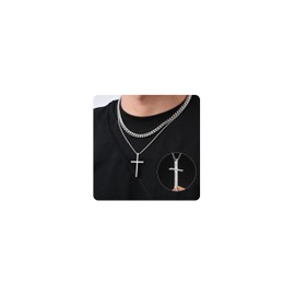 XUANPAI Cross Necklace Silver with Engraving for Men – Pack of 2 Chains with Cross Pendant Stainless Steel Sweatproof Cuban Chain Graduation Birthday Gifts for Son Boys Men, Stainless Steel, No