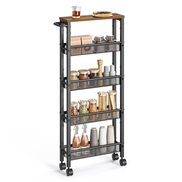 VASAGLE Slim Rolling Cart, 5-Tier Storage Cart, Narrow Cart with Handle, 5.1 Inches Deep, Metal Frame, for Kitchen, Dining Room, Living Room, Home Office, Rustic Brown and Black ULRC034B01